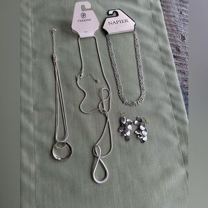 Lot of 4 Silver Costume Jewelry 3 necklaces 1 earrings 2 necklaces are NWT